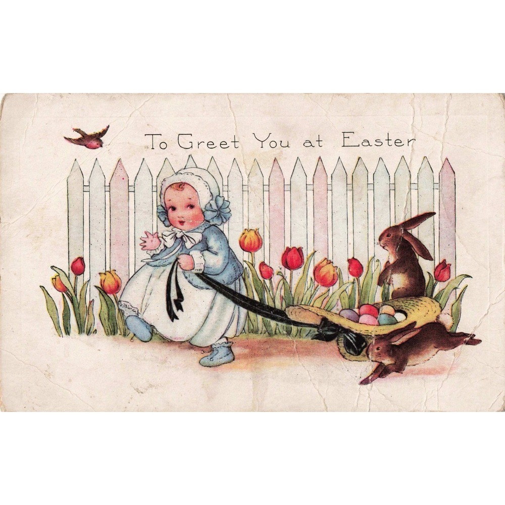 Easter Postcard Whitney Made Child Rabbits Tulips Picket Fence Antique